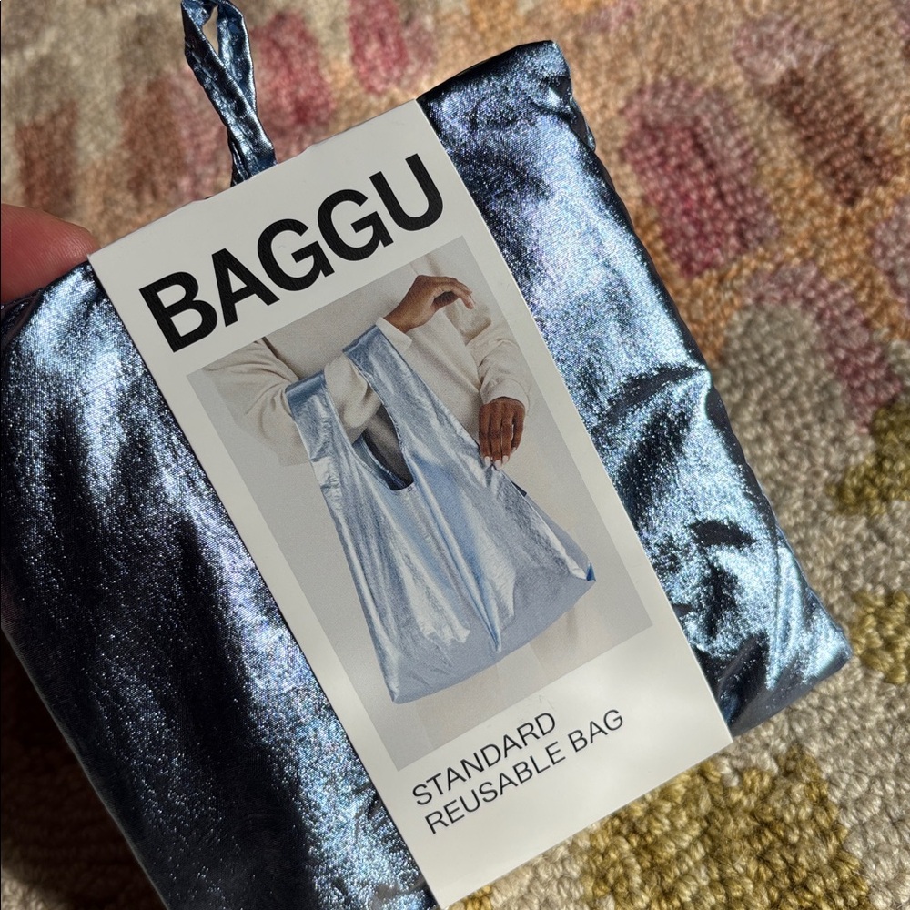 BAGGU Metallic Light Blue Standard Tote NWT Disco Ball dipped in Mediterranean - Picture 4 of 12
